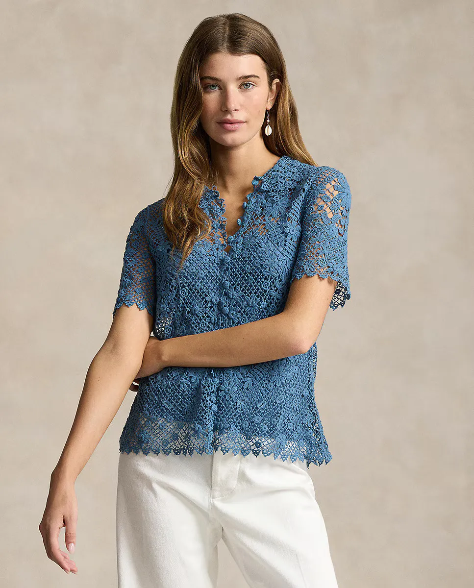 

Женский хлопковый топ с кружевом Polo Ralph Lauren, синий