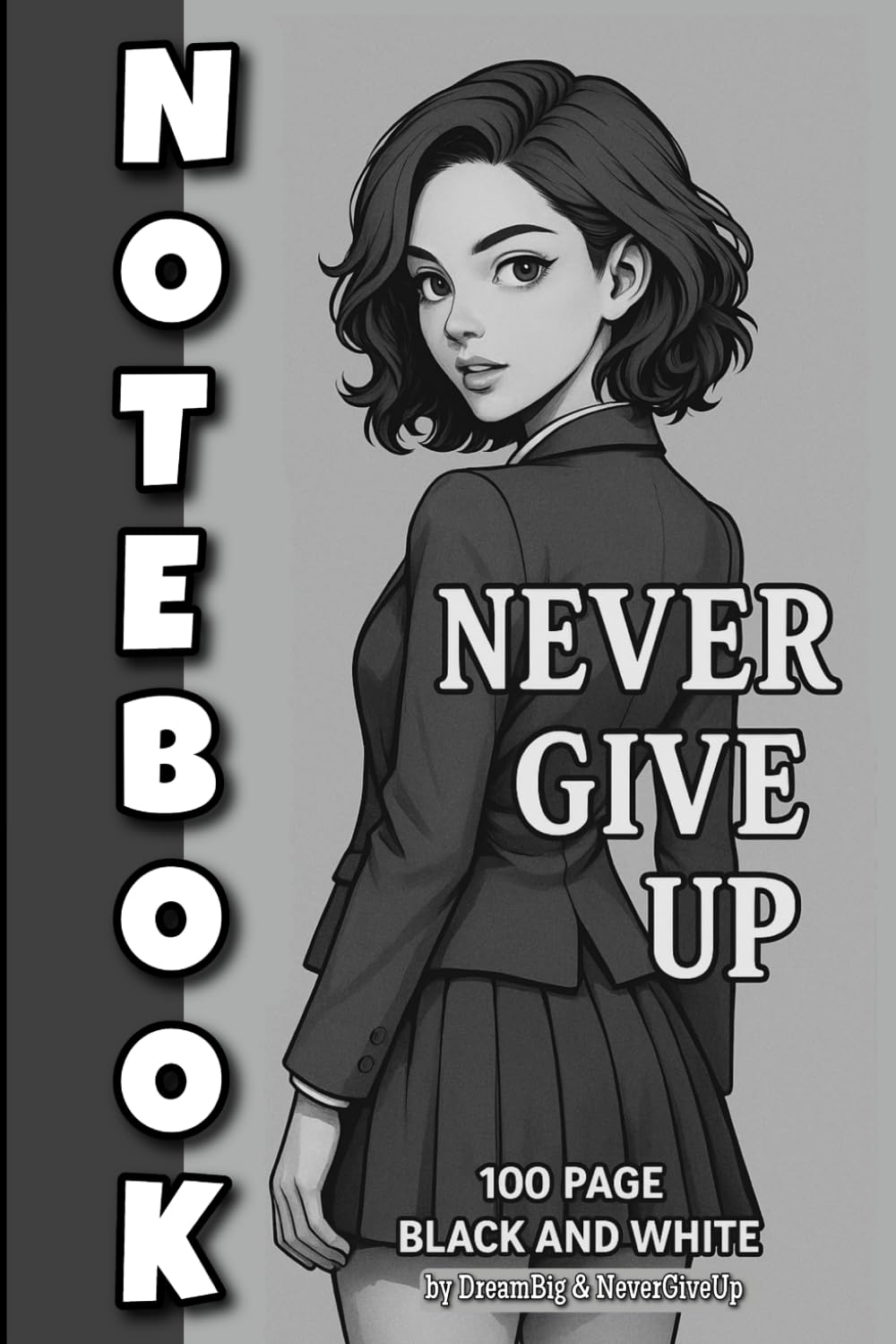 

Never Give Up Notebook Anime Student Girl on Cover: 6x9 Simple Lined Journal with Elegant Black & White Illustration - 100 Pages Motivational Writing Notebook for Career Women & Students