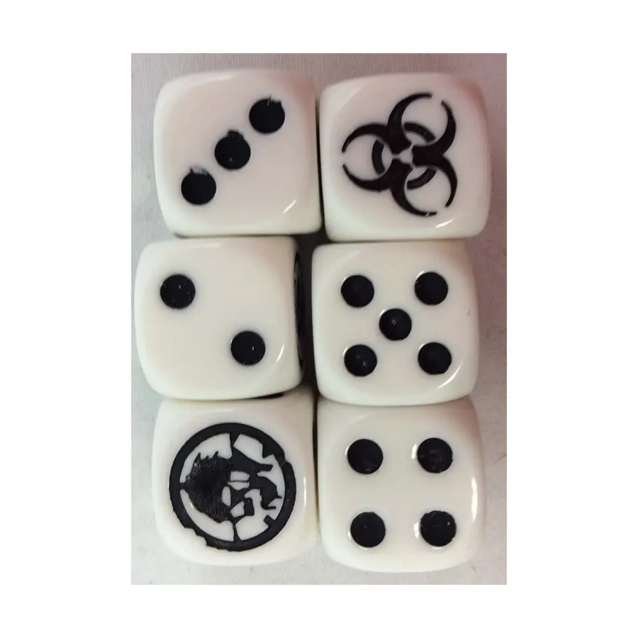 

Кости убийцы зомби — белые с черным (d6), Dice & Supplies (Biohazard Miniatures)