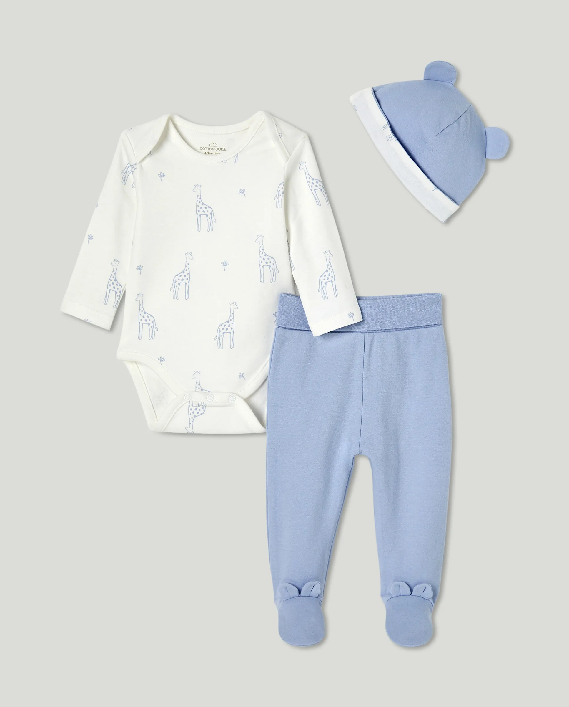 

Комплект боди, леггинсы и шапочка с фантазийным принтом для девочки Cotton Juice, синий