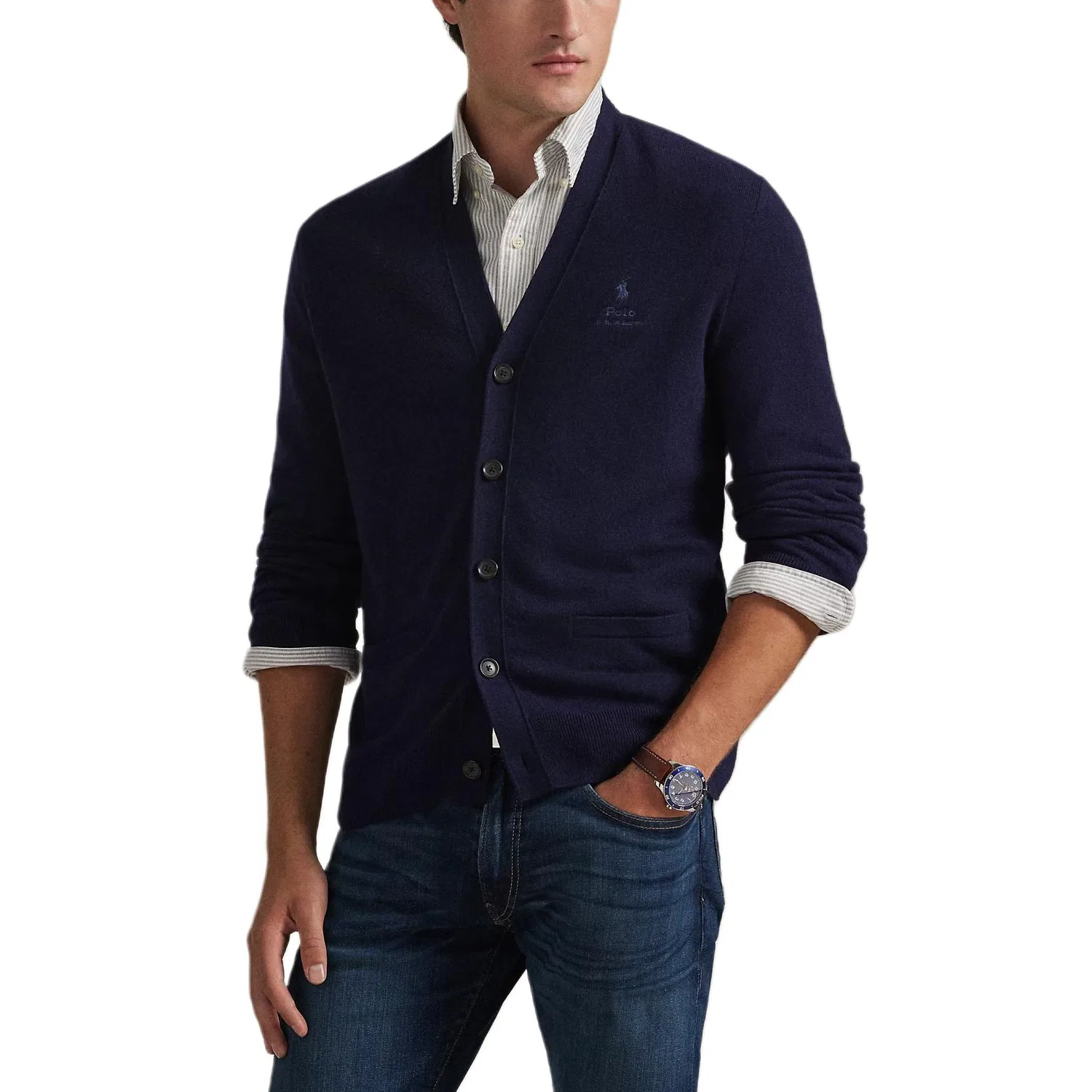 Кардиган из шерсти с вышитым логотипом Polo Ralph Lauren, Hunter Marine Blue — фото 3