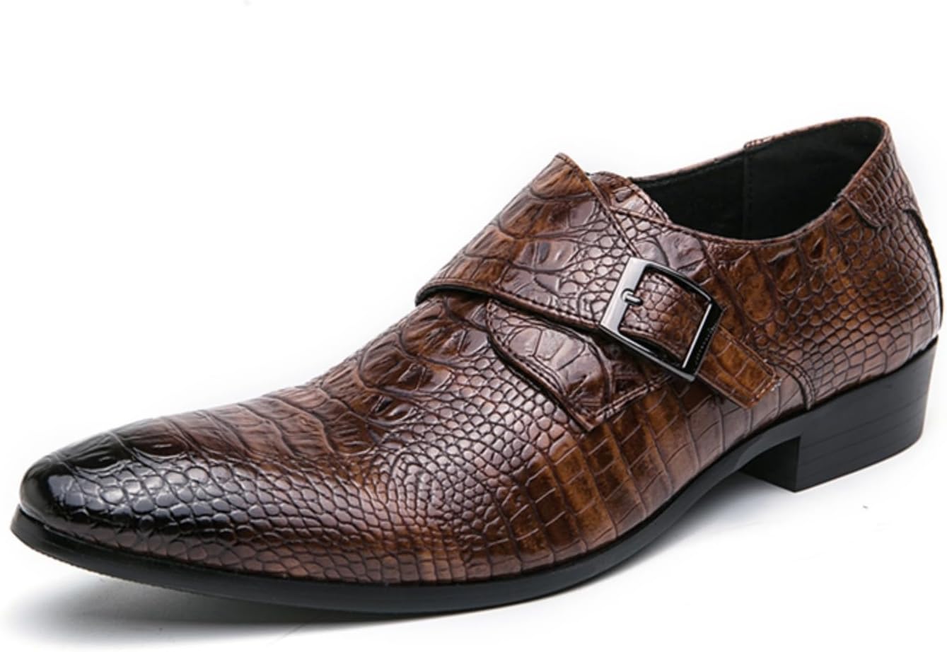 

Мужские кожаные туфли-оксфорды с пряжкой, имитация кожи крокодила, заостренный носок, двухцветные слипоны с массивным низким каблуком для делового и полуофисного ношения Kelibasi, коричневый