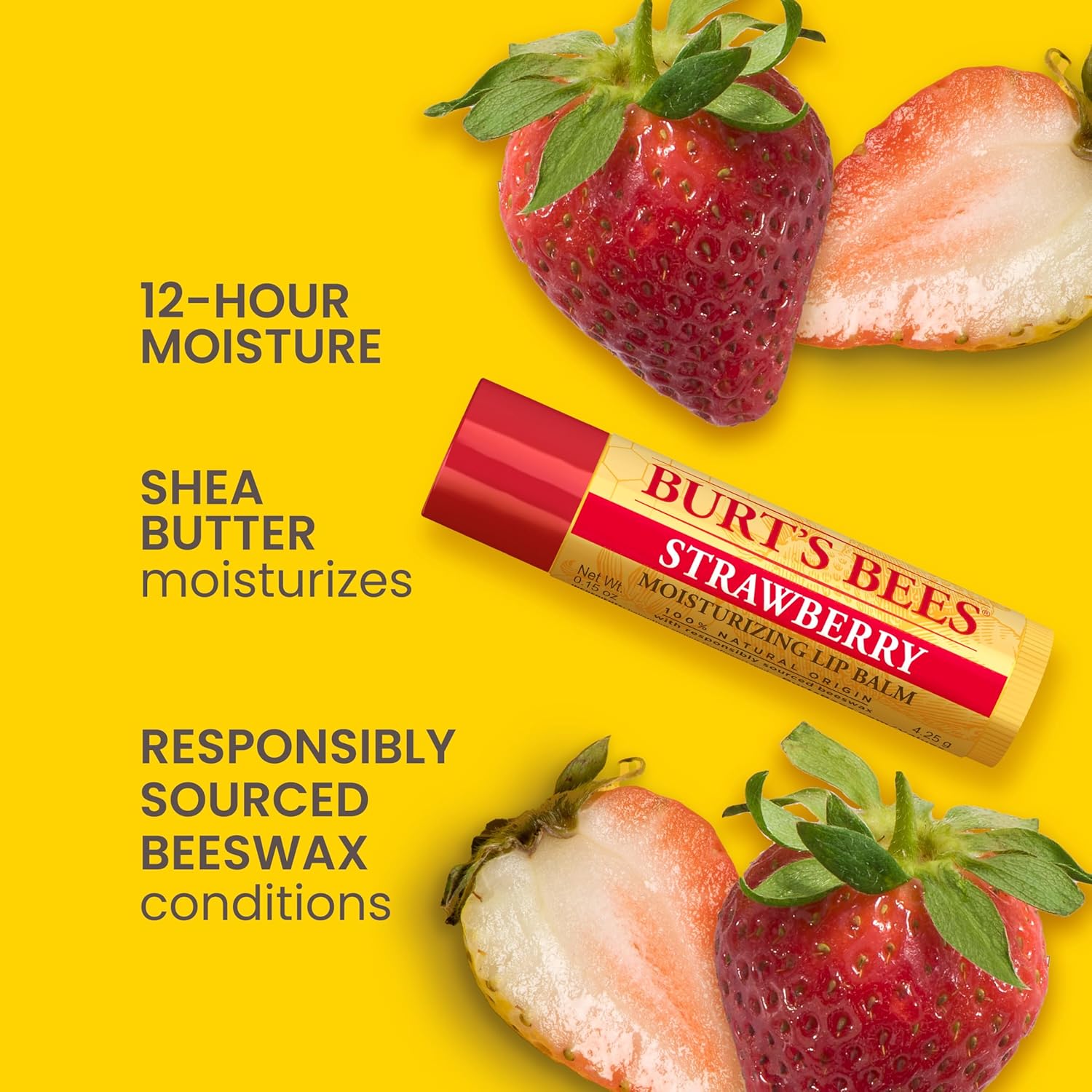 Увлажняющий бальзам для губ со вкусом клубники от Burts Bees, набор из двух штук, подходит как мужчинам, так и женщинам - 2 бальзама по 0,15 унции, прозрачный — фото 2