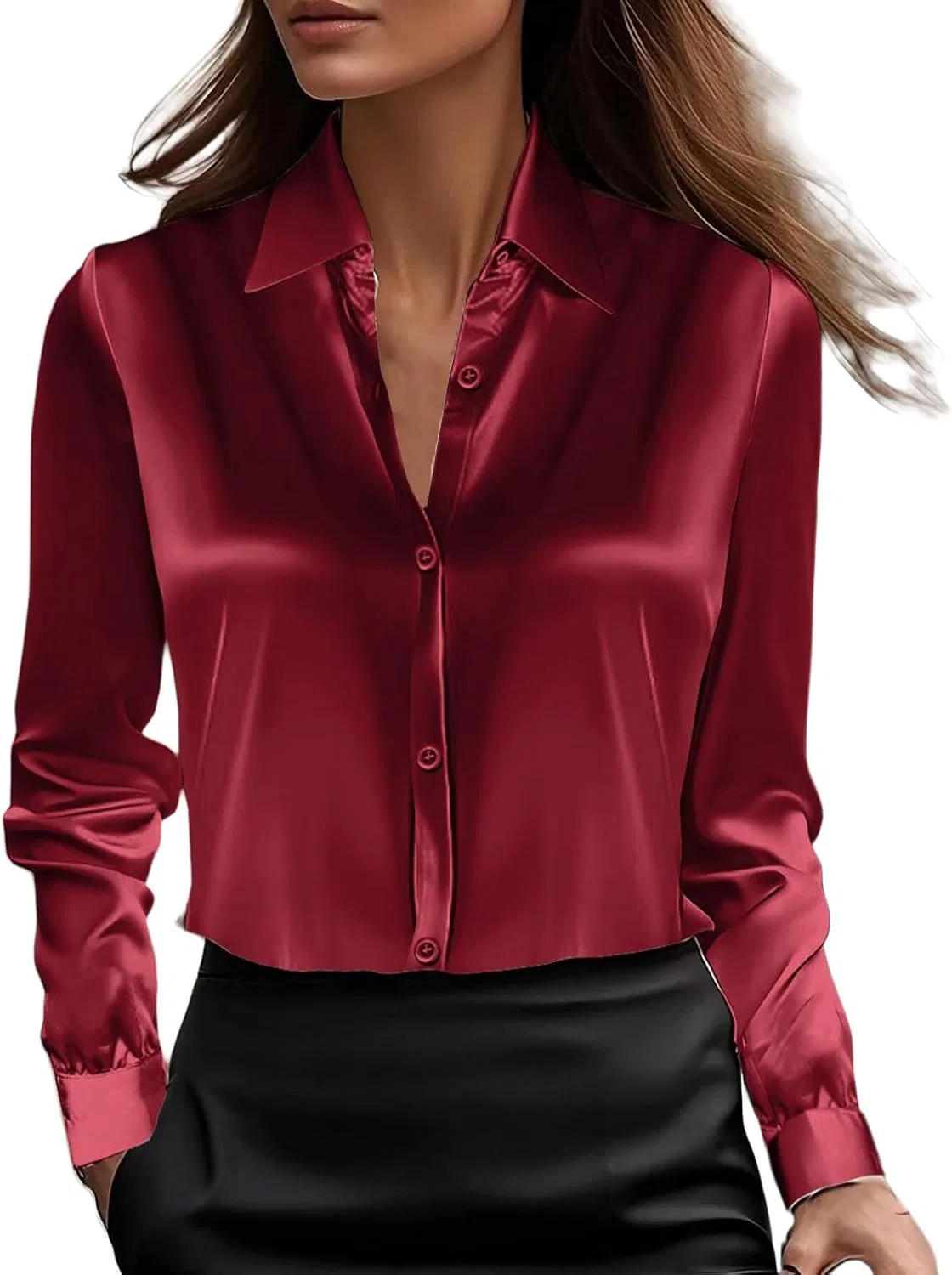Блуза из сатина, button-down, женская, винный