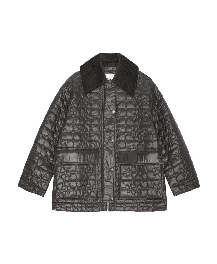 

Черная блестящая стеганая куртка миди Ganni, серый