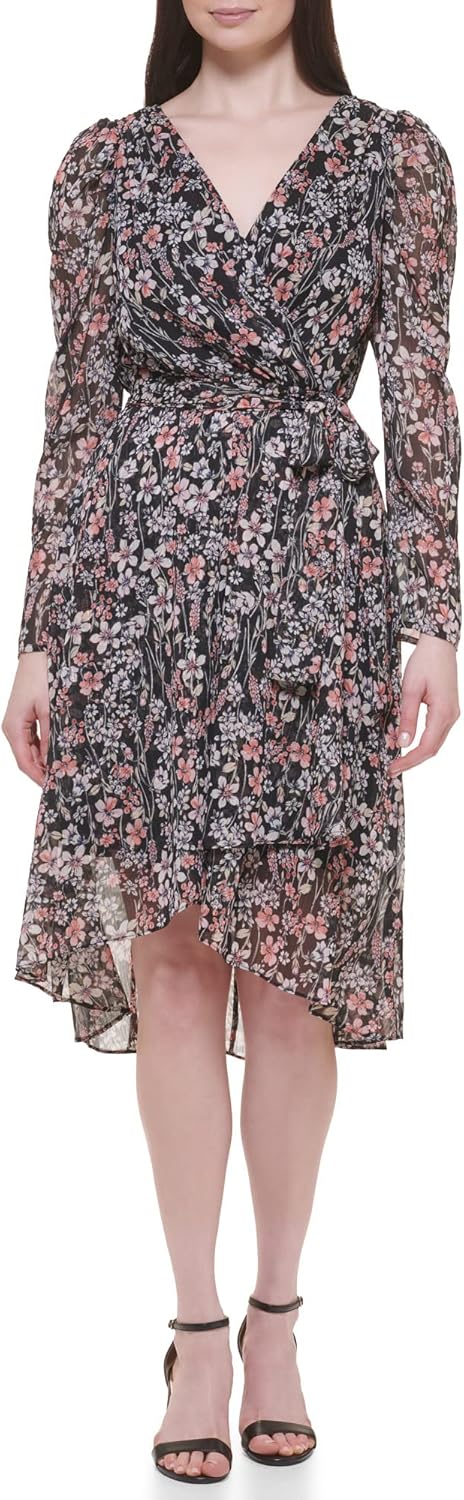 

Женское облегающее платье-миди Tommy Hilfiger с длинным рукавом и расклешенной юбкой из шифона с имитацией запаха, Black Multi