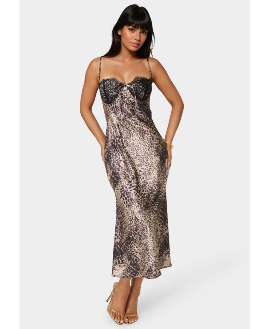 

Женское атласное макси-платье с кружевными чашечками Bebe, Leopard