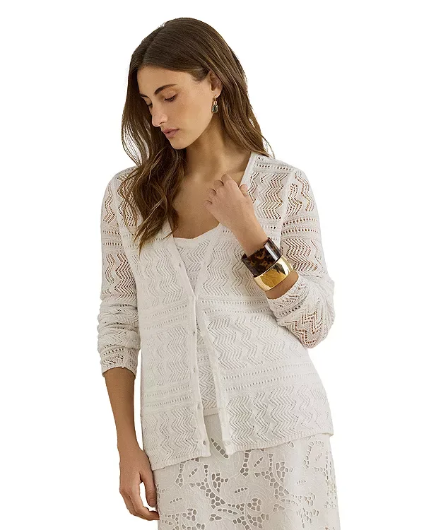 Кардиган с V-образным вырезом из ажурной льняной смеси Ralph Lauren, White