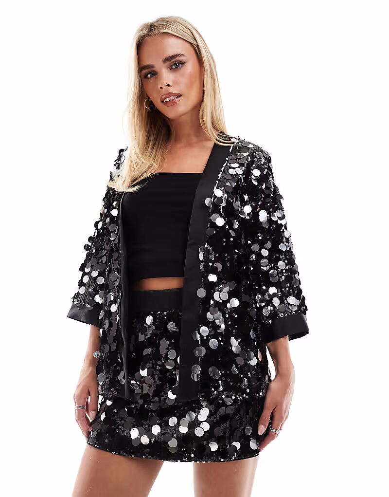 

Кимоно в стиле диско с пайетками ASOS DESIGN Petite черного цвета