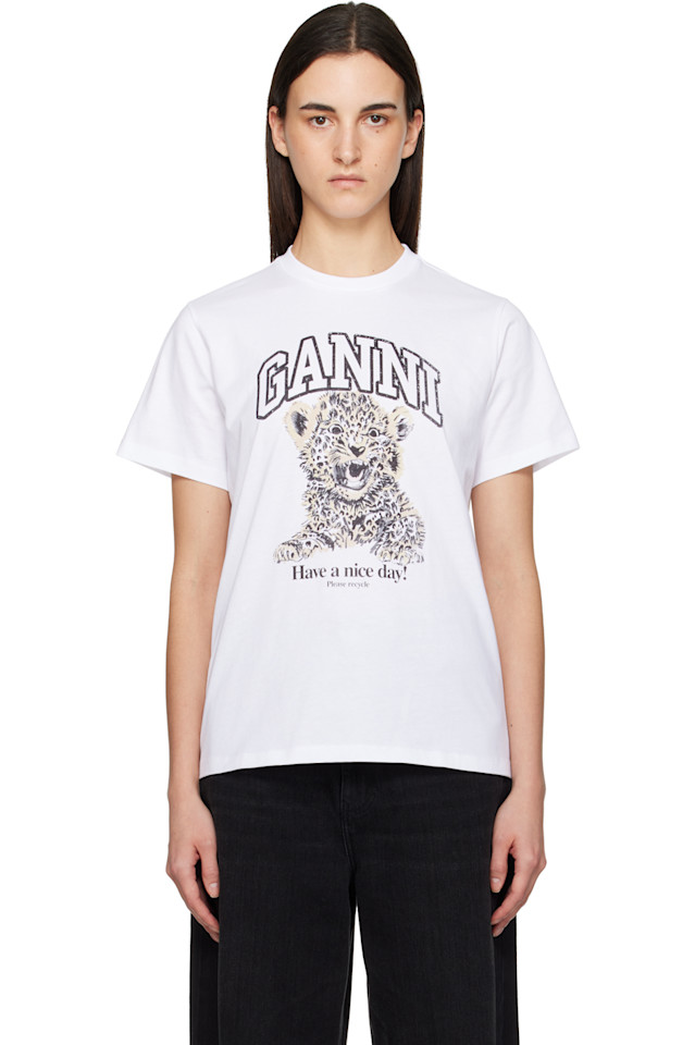 

Ganni Белая базовая трикотажная футболка с леопардовым принтом свободного кроя, Белый, Ganni Белая базовая трикотажная футболка с леопардовым принтом свободного кроя