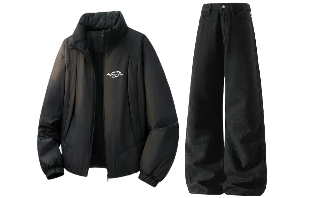 

Повседневная спортивная одежда унисекс с воротником стойкой утепленная X1617, twiсветло-черный puffer jacket+черный pants