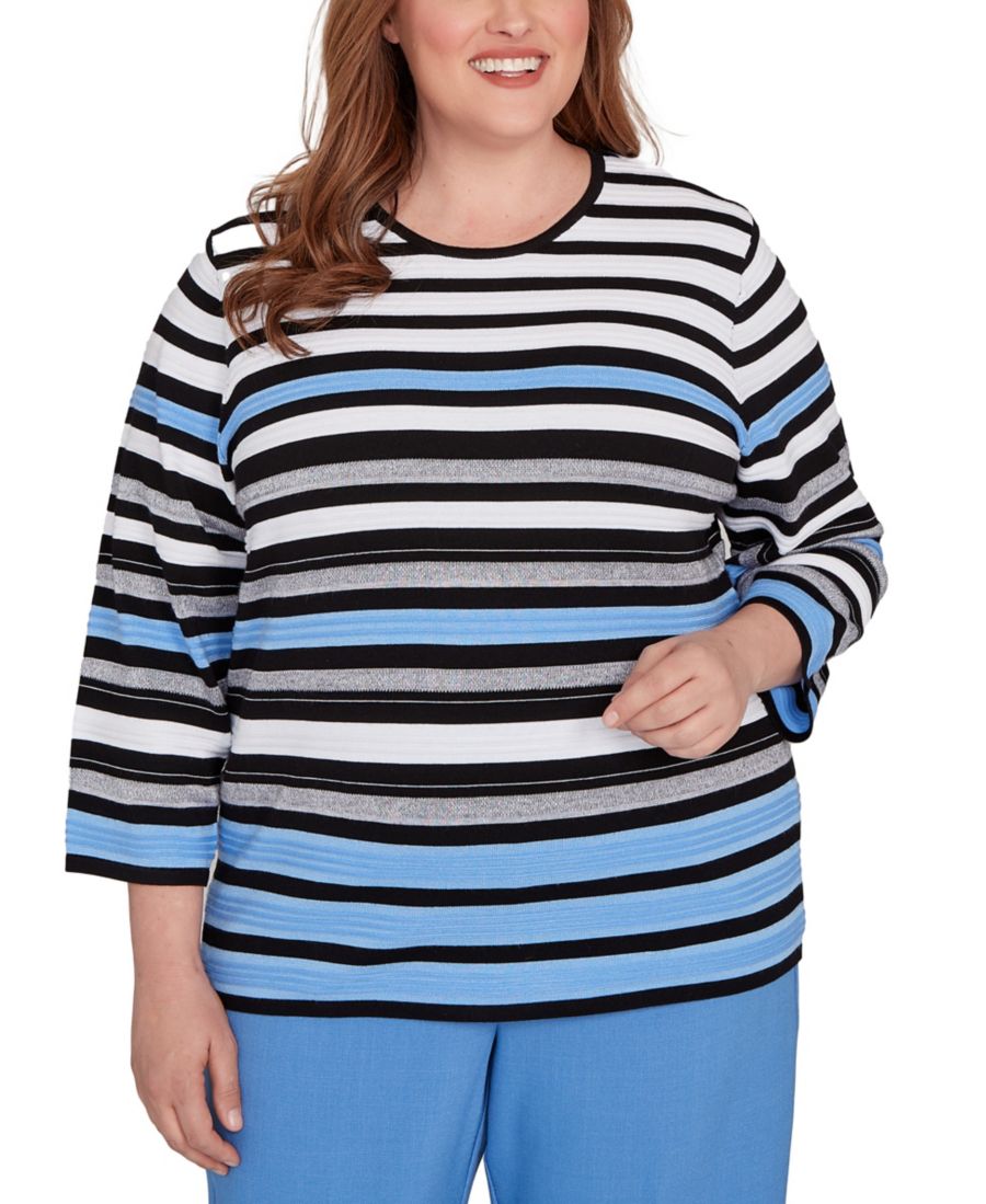 

Свитер большого размера в полоску с фактурной отделкой и ожерельем Alfred Dunner, Black Multi