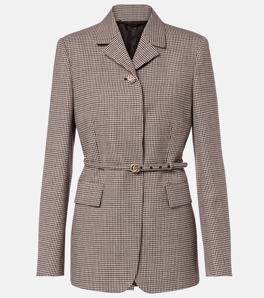 

Двубортный шерстяной пиджак с поясом в клетку Double G Gucci, Pink/Brown