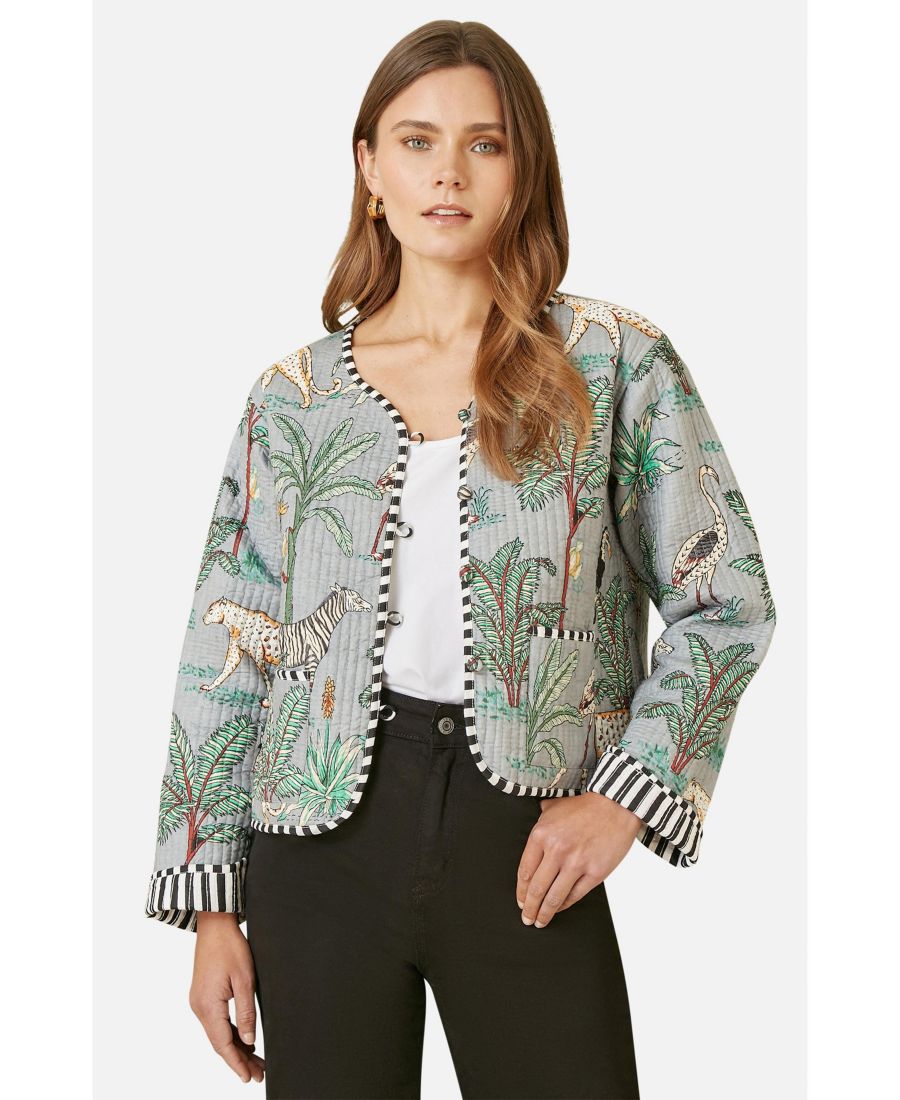 

Женская двусторонняя укороченная стеганая куртка с анималистическим принтом Yumi, Grey