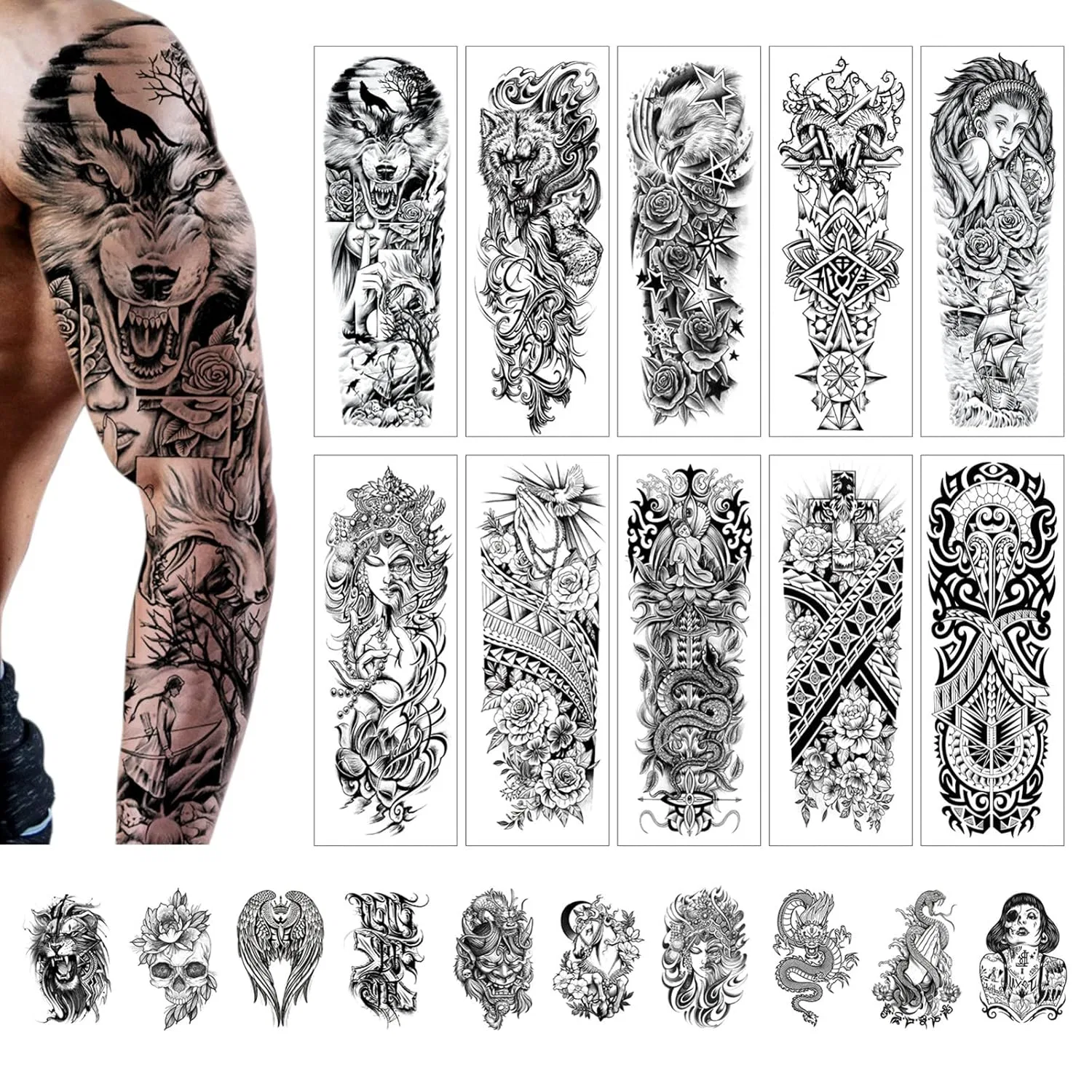 Набор временных татуировок для тела, 20 листов Cayuden, 10 Sheets Of Full Arm + 10 Sheets Of Half Arm Tattoos