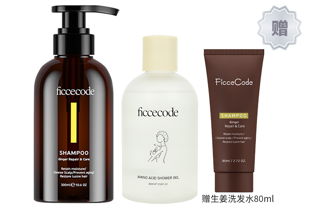

Маслорегулирующий объемный шампунь+гель для душа Ginger для очищения и смягчения кожи 300мл+300мл+80мл FicceCode