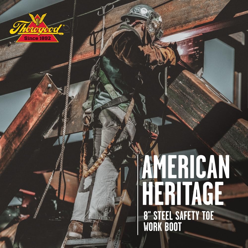 Рабочие ботинки Thorogood American Heritage для мужчин с стальным носком, 8 дюймов - из кожи высокого качества с Мок-Тоу, противоскользящей подошвой клиновидной формы и комфортной стелькой; сертифицированы по стандарту EH — фото 3