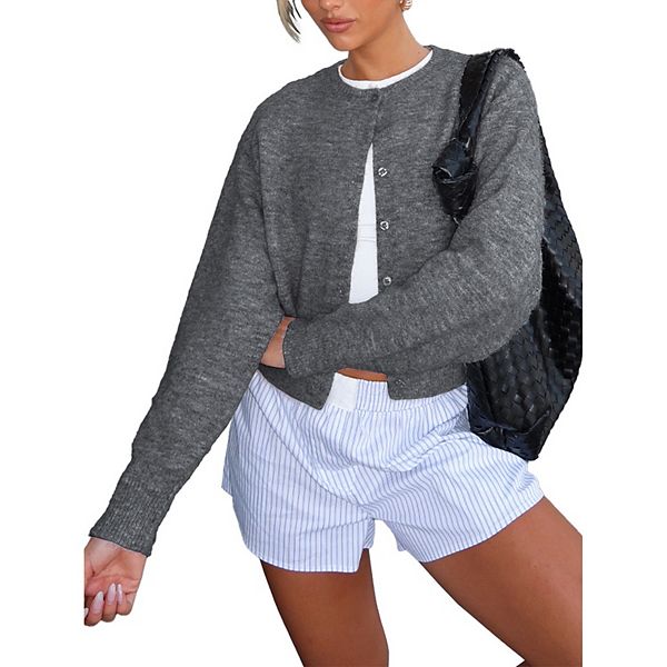 

Женский укороченный кардиган на пуговицах с длинным рукавом Clearflower, Dark Gray