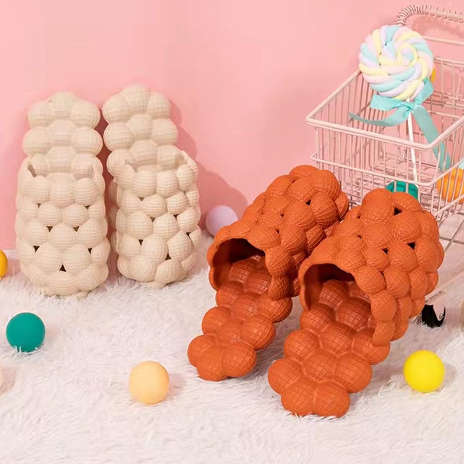 Домашние тапочки Asifn Lychee Bubble для мужчин и женщин, для спортзала, спа, ванной комнаты и улицы, быстросохнущие, мягкие и удобные с массажной подошвой, забавные, противоскользящие тапочки, оранжевый — фото 2