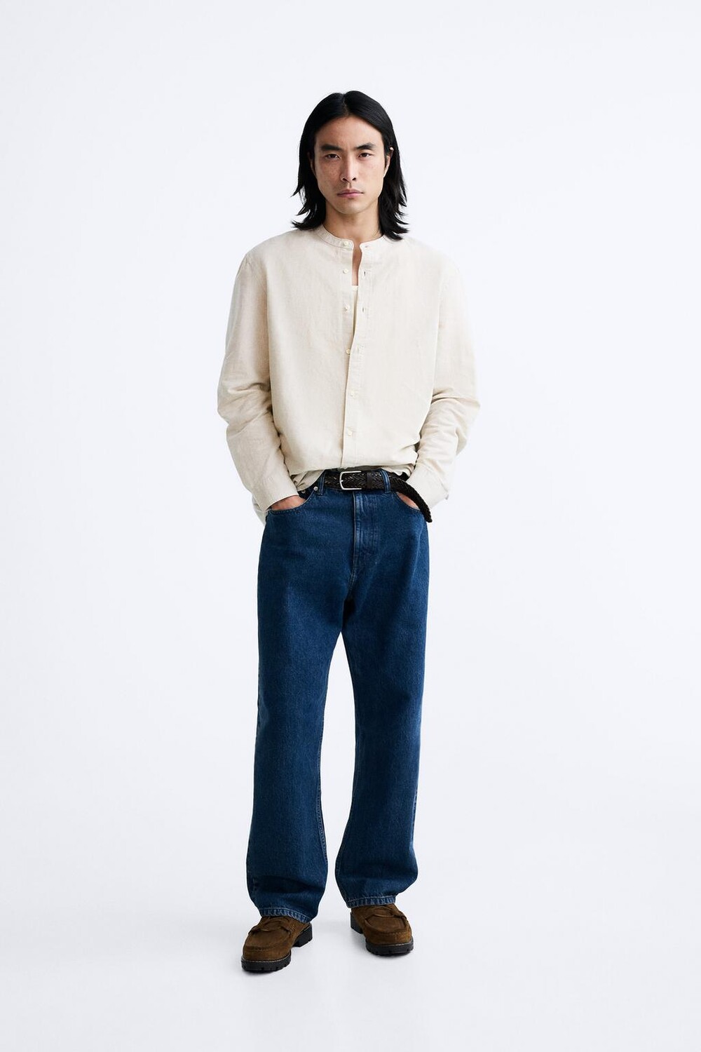 

Хлопок - льняная рубашка ZARA, светло-бежевый