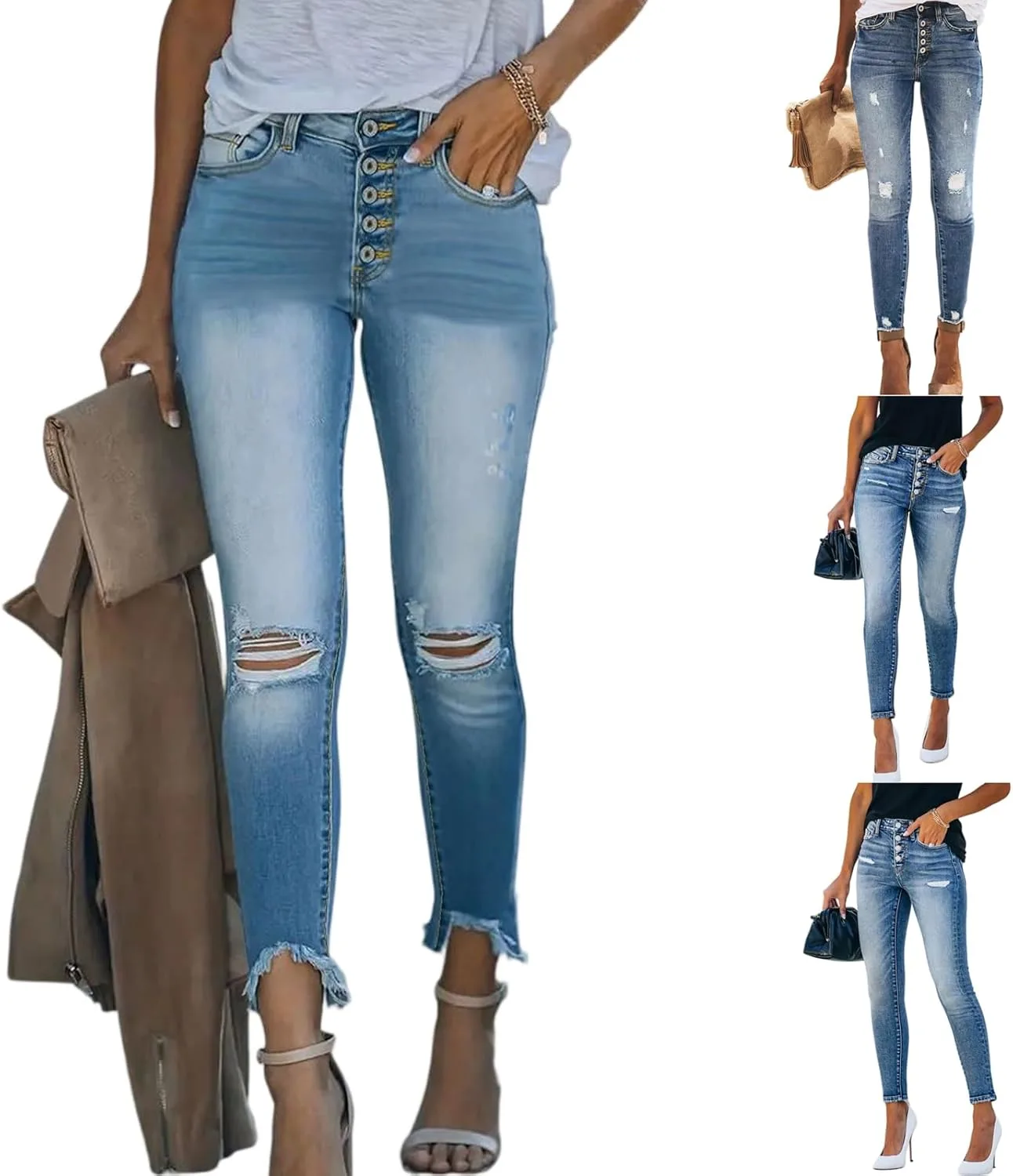 

Женские джинсы капри с высокой талией, рваные, тянущиеся