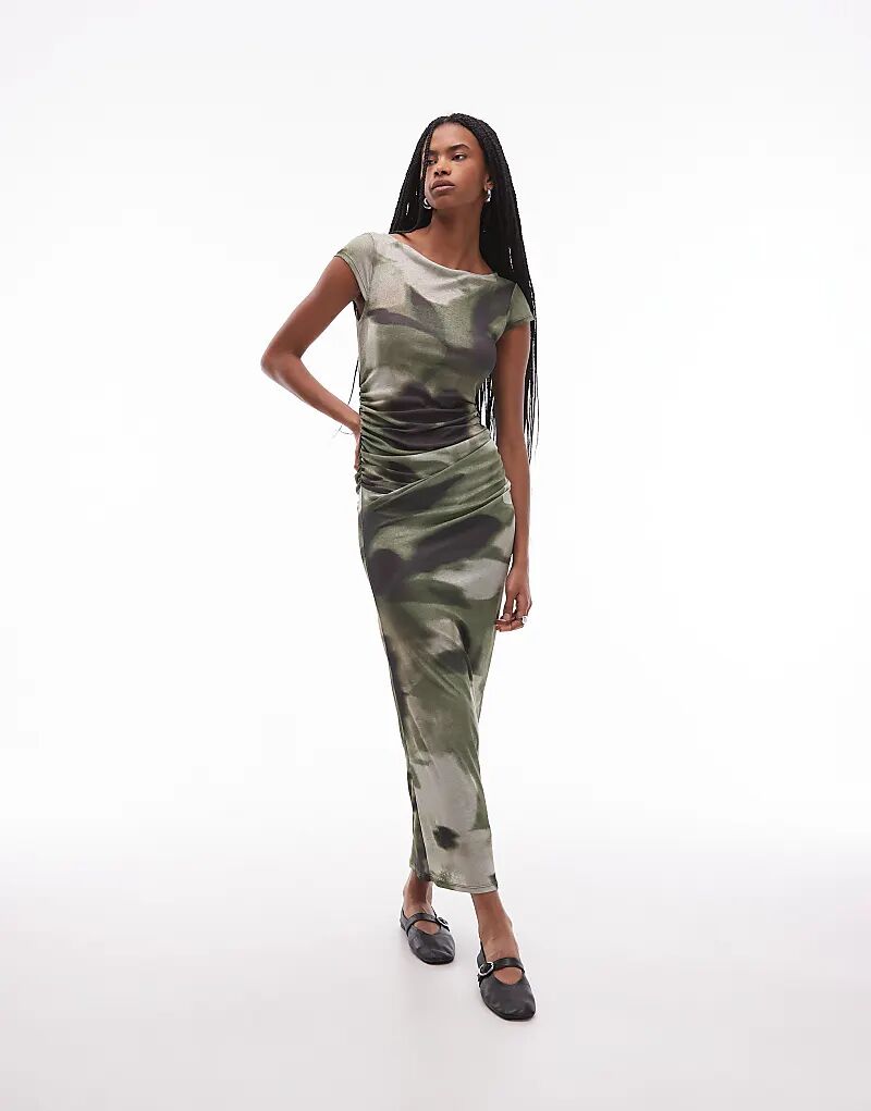 

Платье миди ASOS DESIGN с короткими рукавами и зеленым абстрактным цветочным принтом