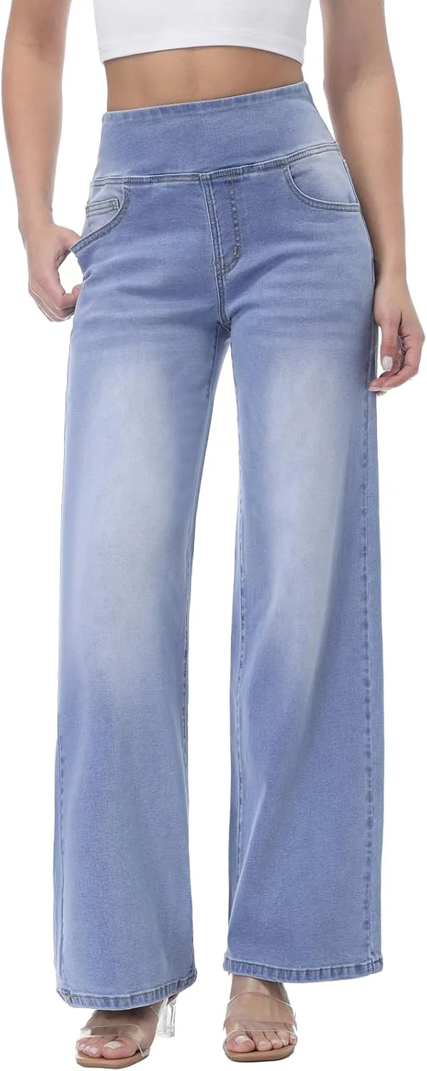 

Джинсы женские широкие на резинке, высокие с завышенной талией и эффектом стройнящего животика Chasehot