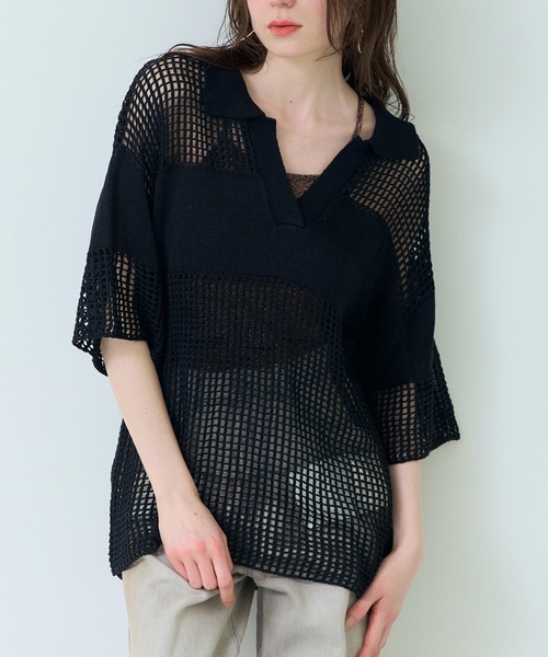 

Футболка с квадратным воротником-поло, сетчатая, с рукавами 3/4 Settimissimo, черный