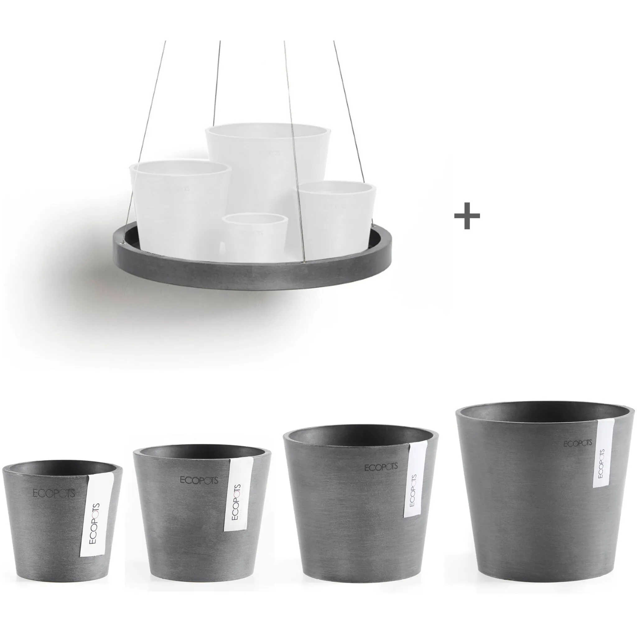 

Цветочный горшок ECOPOTS «Amsterdam Mini», (набор, 4 шт.), разные размеры с подходящим блюдцем, серый