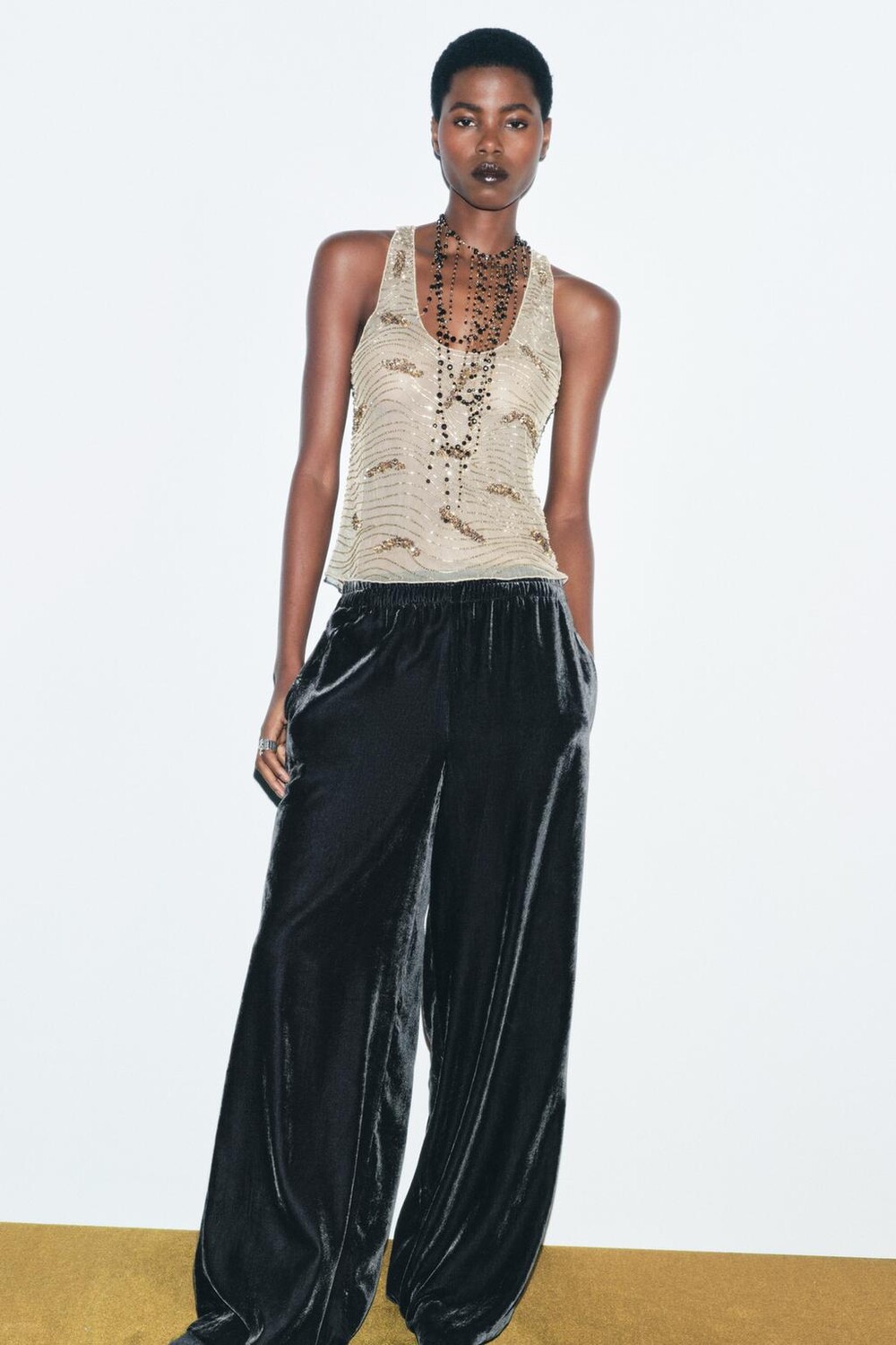 

Тюлевый топ с вышитым бисером ZARA, золото