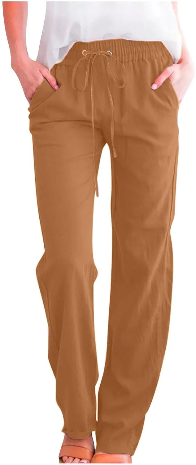 

Женские хлопковые льняные брюки с прямой посадкой и эластичным поясом