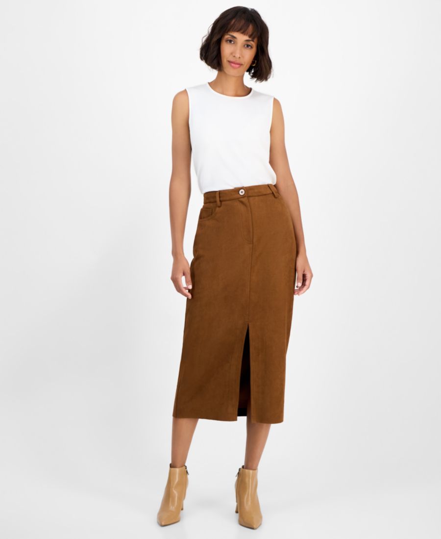 

Женская юбка миди из искусственной замши с разрезом спереди T Tahari, Sherwood Camel