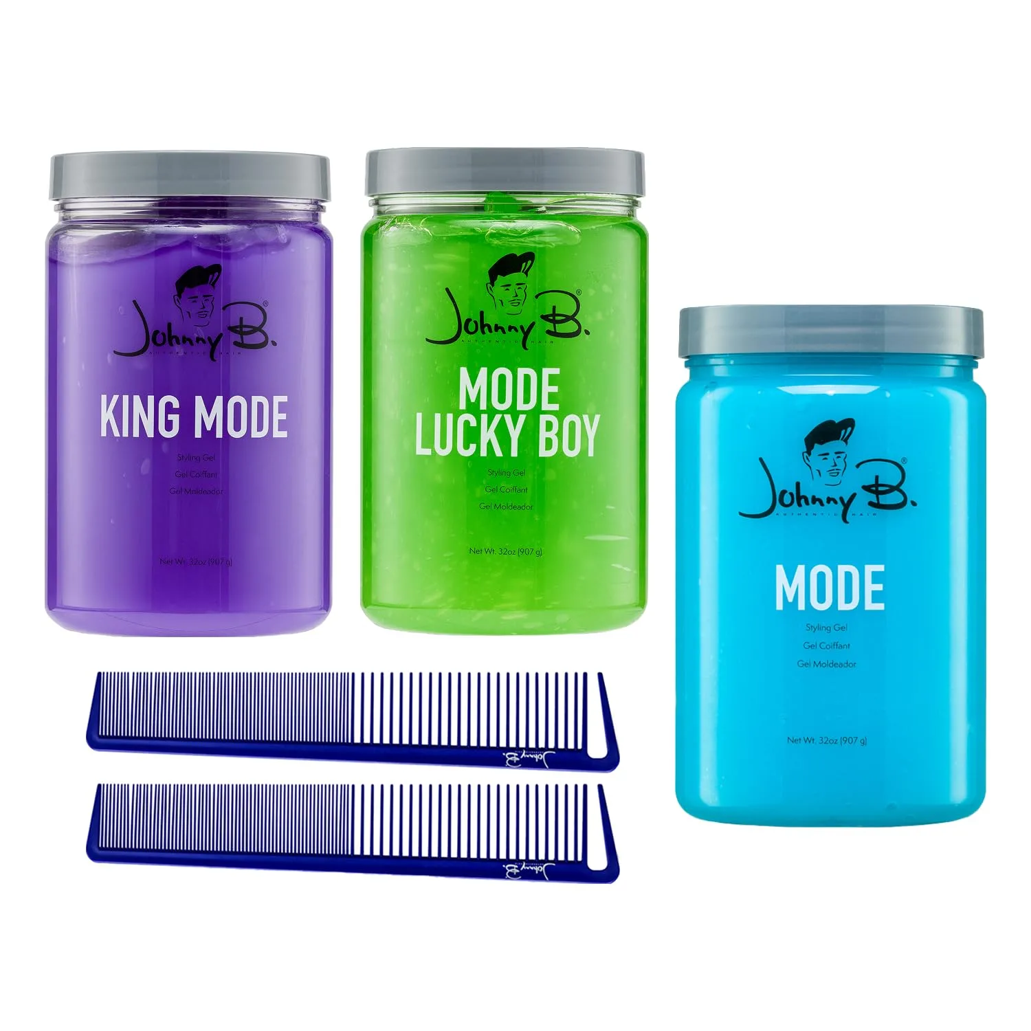 JOHNNY B. Elite Barber Styling Set - King Mode 32 oz, Mode 32 oz & Lucky Boy 32 oz гели для волос + 2 карбоновые текстурные расчески - набор для укладки для мужчин с сильной фиксацией и глянцевым блеском