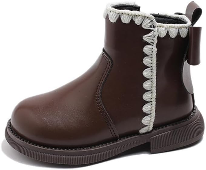 

Милые ботинки на щиколотку для маленьких девочек с бантом, водонепроницаемые, с боковой молнией, низким каблуком, зимние снежные ботиночки для улицы, теплые прогулочные ботинки JGKDTX, Brown