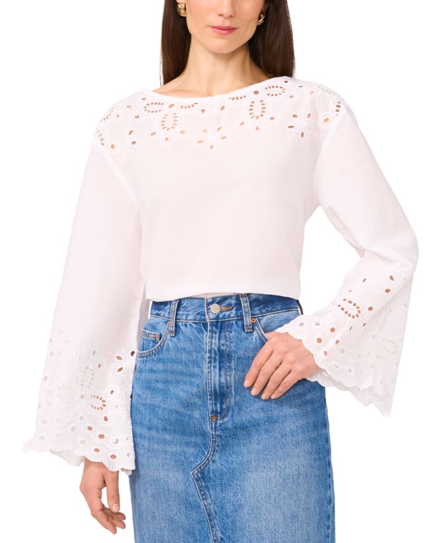 

Женская хлопковая блузка с рукавами-колоколами и перфорацией 1STATE, Ultra White