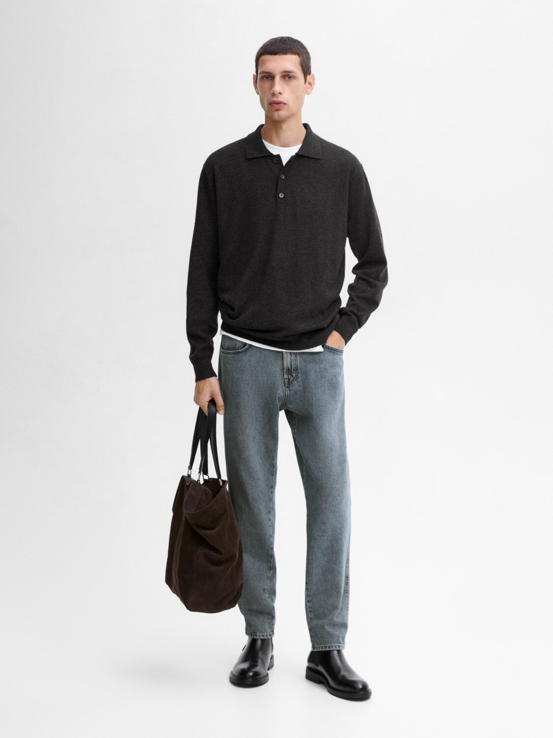 

Вязаный свитер из шелка и шерсти с воротником-поло Massimo Dutti, угольный
