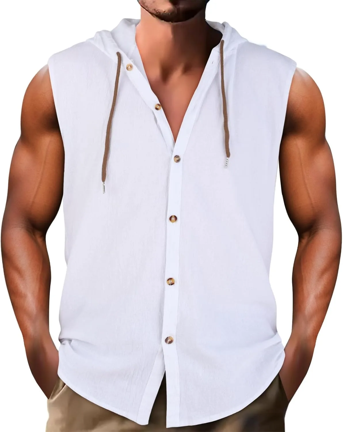 

Льняная рубашка мужская Casual Sleeveless Hoodie xoxingysm