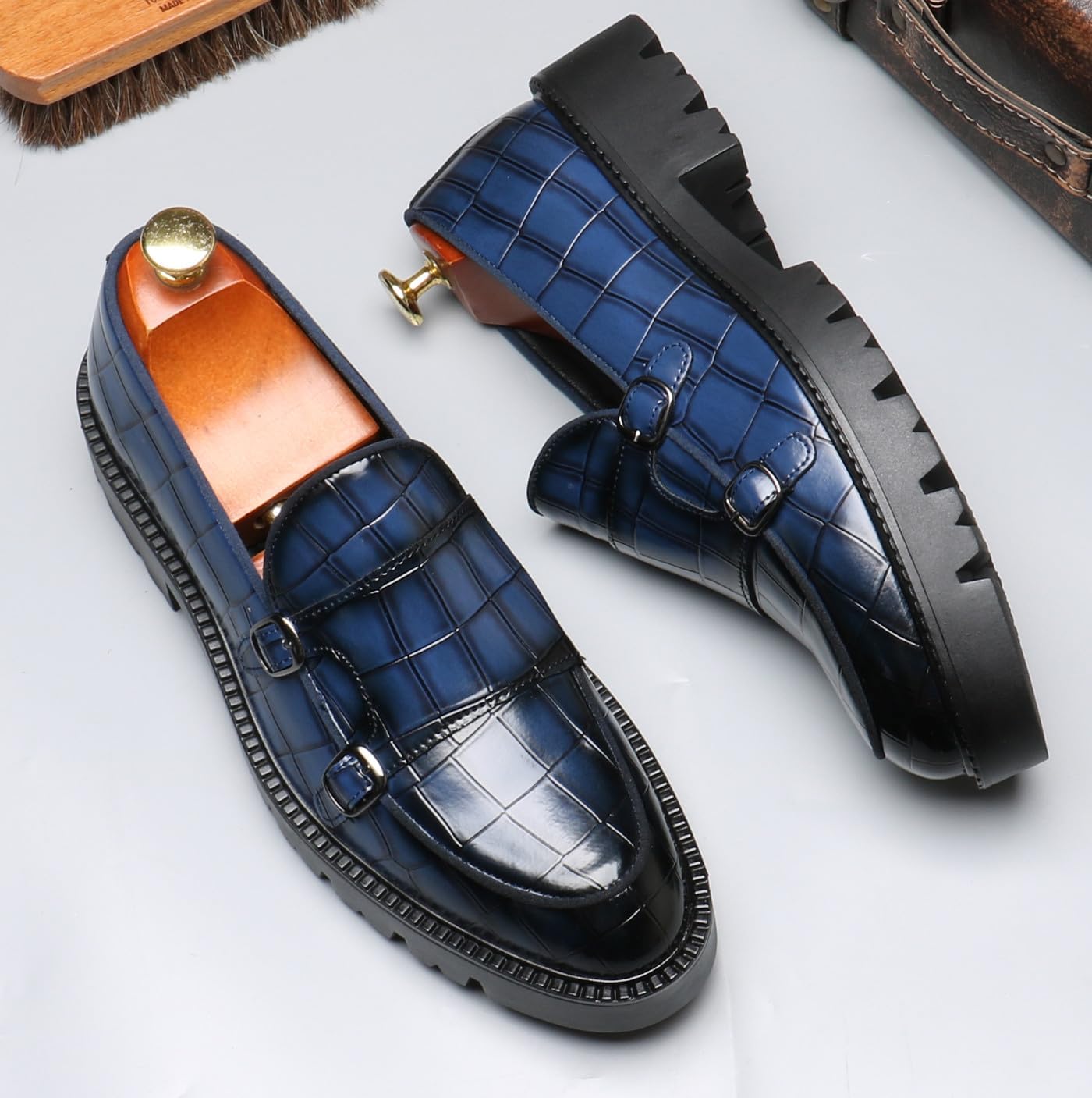 Мужские лоферы Santimon Loafers, повседневные, на каблуке, без шнурков, из лакированной кожи, с узором «шотландка», пенни-лоферы, смокинг, туксо, свадебные мокасины, официальная обувь для бизнеса и выпускного, синий — фото 4