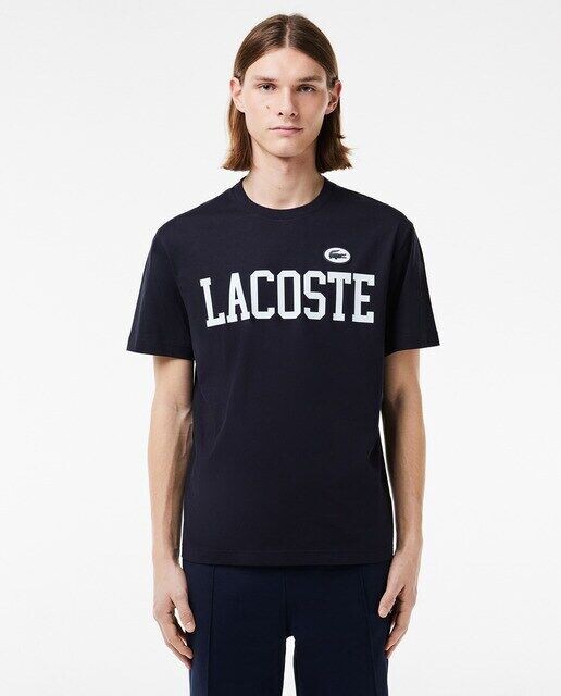 

Хлопковая футболка с контрастным принтом и значком Lacoste, темно-синий