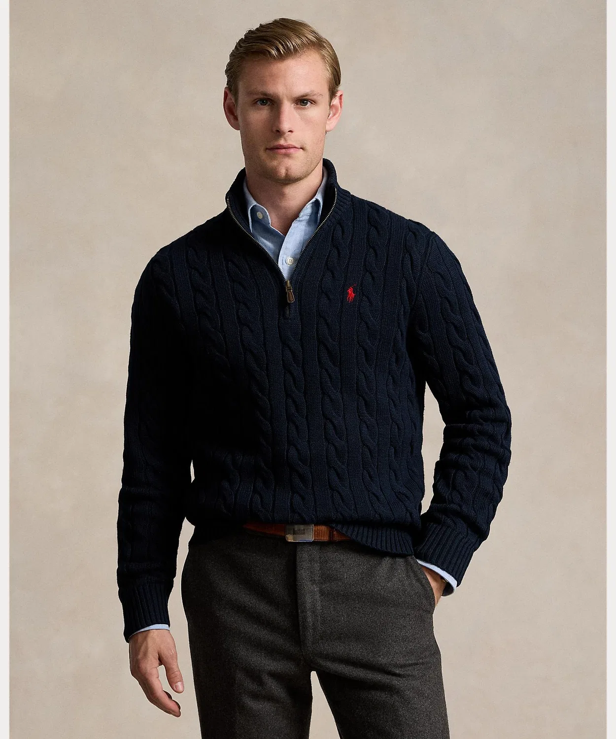 Свитер с косами, хлопковый, Polo Ralph Lauren, четверть-застежка, синий
