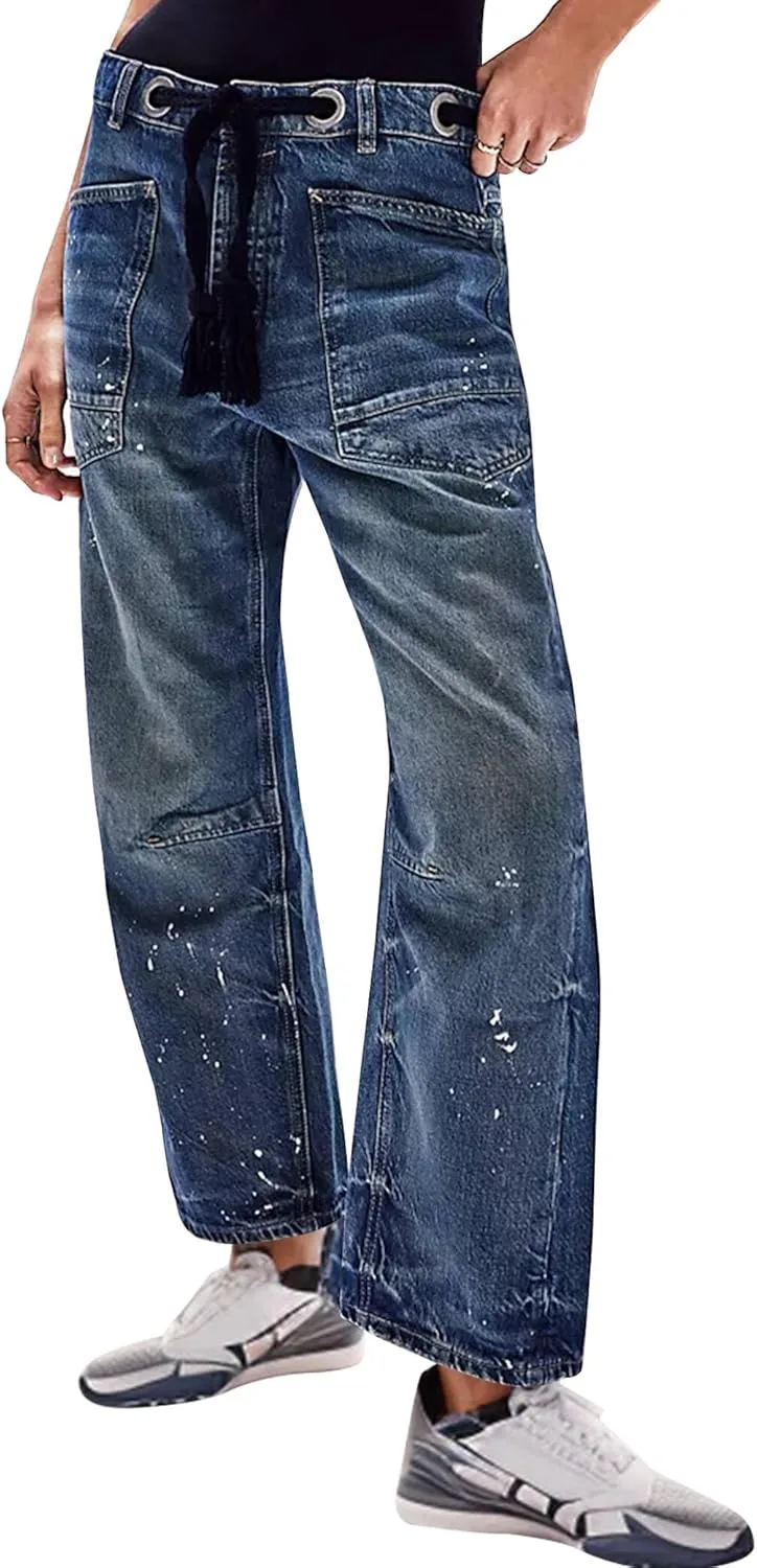 

Брюки Barrel Jeans Women Trendy Low Rise Drawstring Baggy Vintage Casual Wide Leg Buxitt
