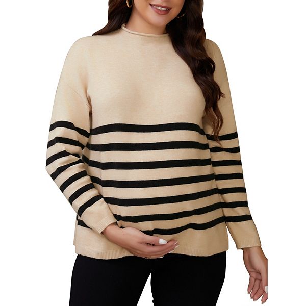 

Женский свитер для беременных с длинным рукавом, боковым разрезом, ребристым воротником и воротником-стойкой Inspire Chic, Brown Stripe