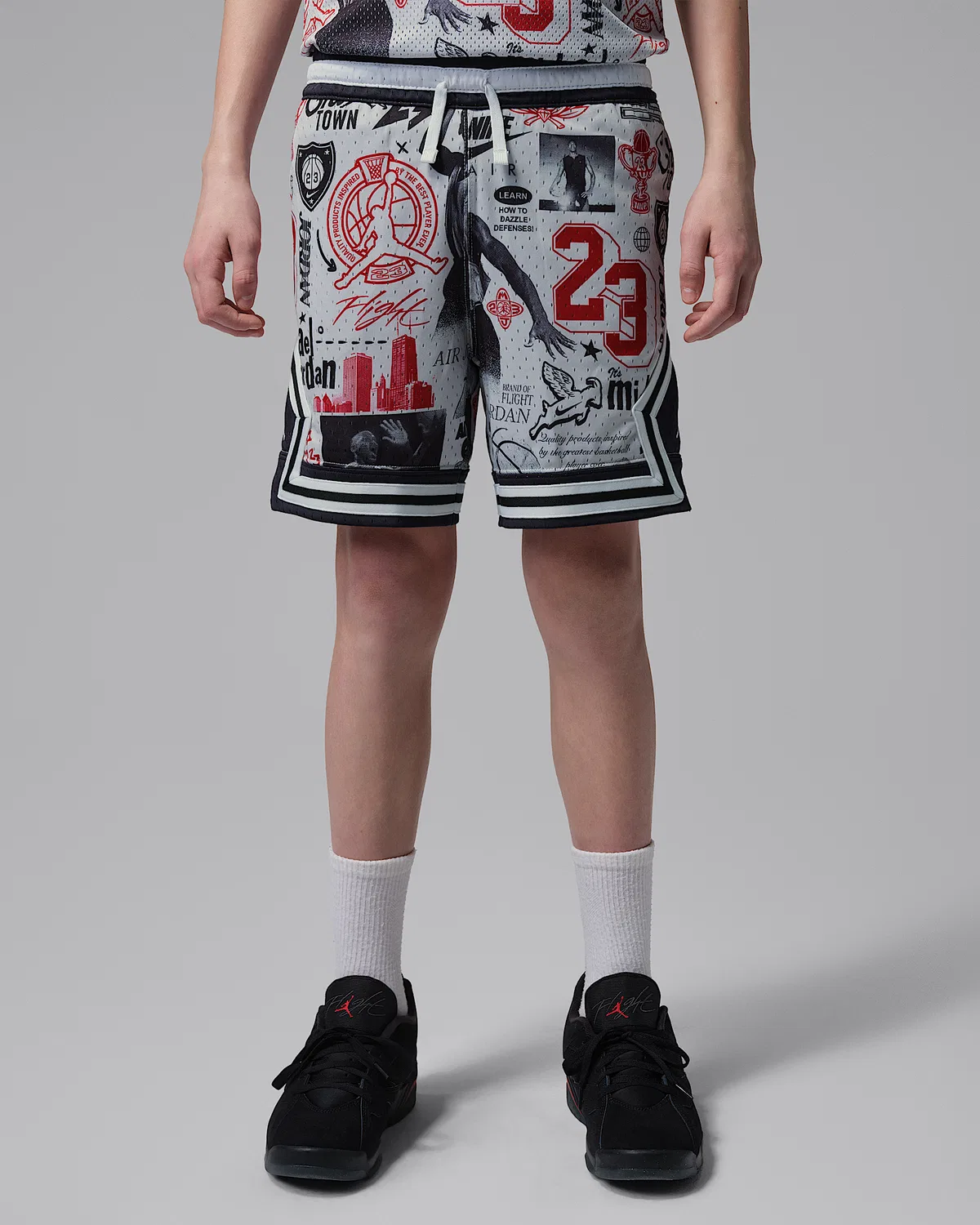 Детские шорты Jordan Dri-FIT с принтом Sport Diamond, Neutral Grey/Black/Red