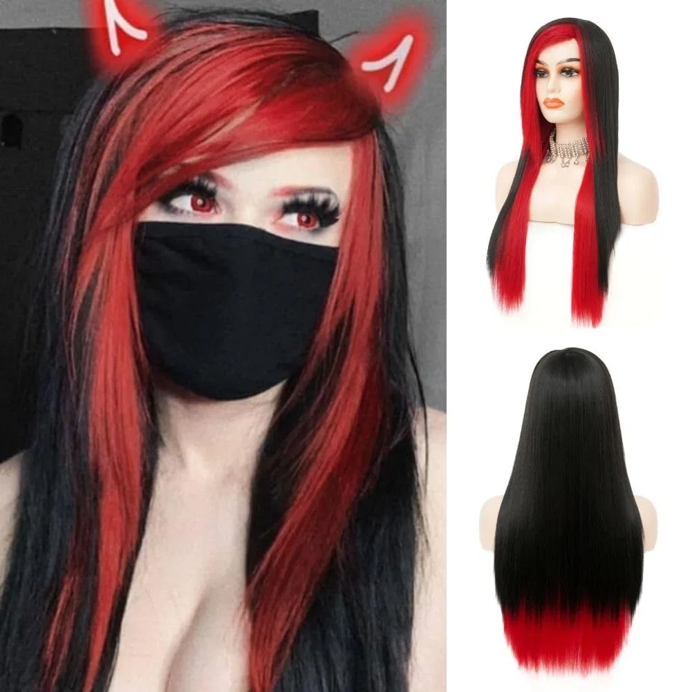 Женский длинный прямой парик красно-черный Siudus, Black Red