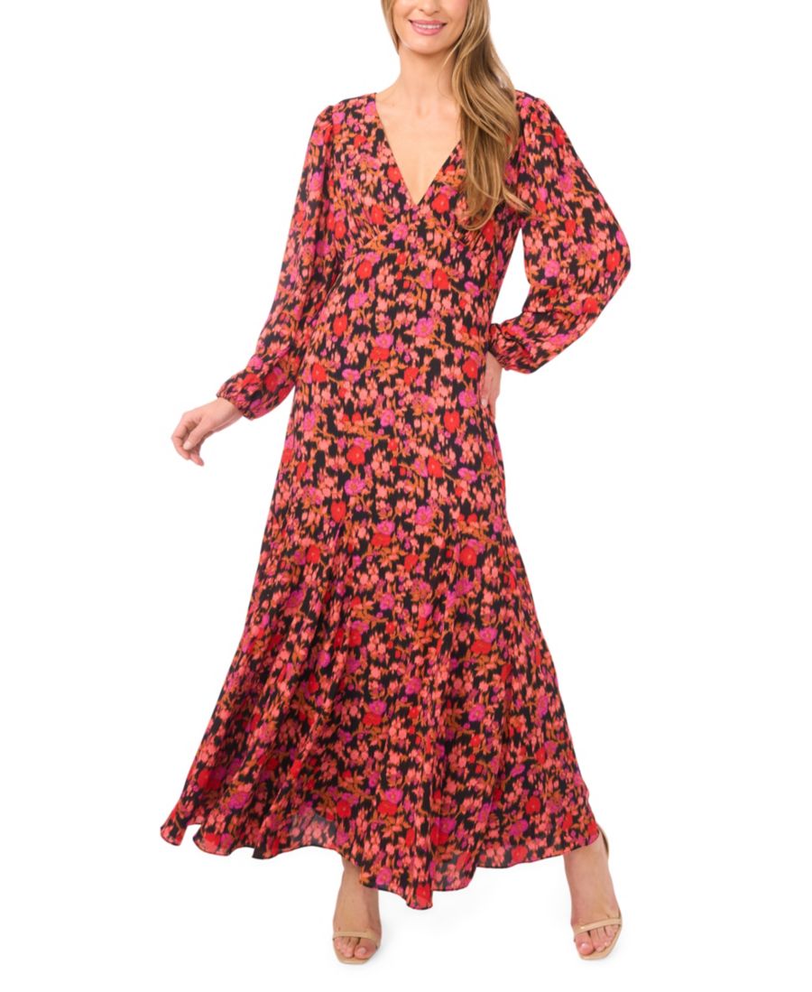 

Женское длинное платье с V-образным вырезом и рукавами-баллонами CeCe, Pink red