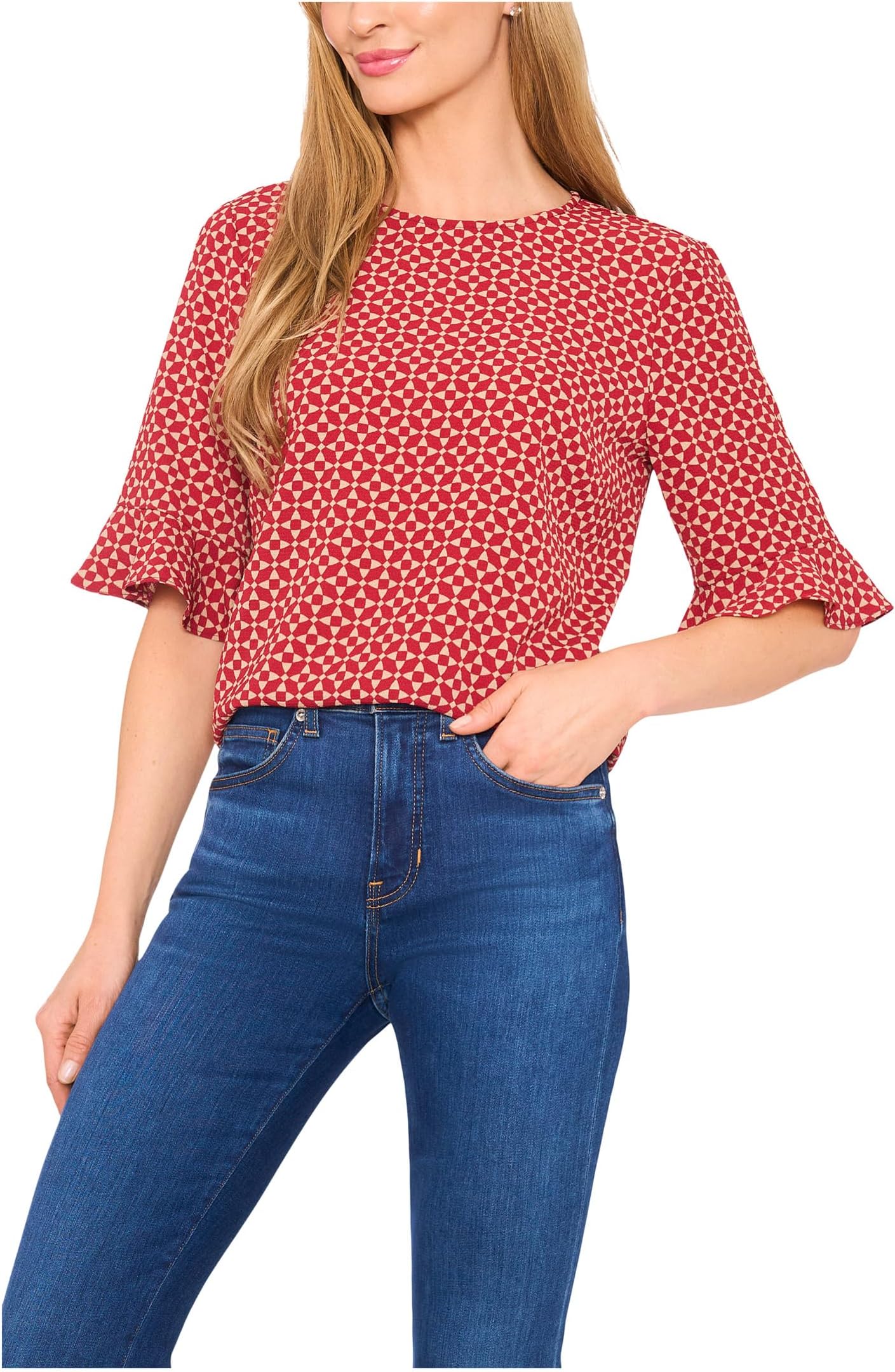 

Топ CeCe Elbow Sleeve Ruffle Cuff Crew Neck Top, цвет Mulberry Red