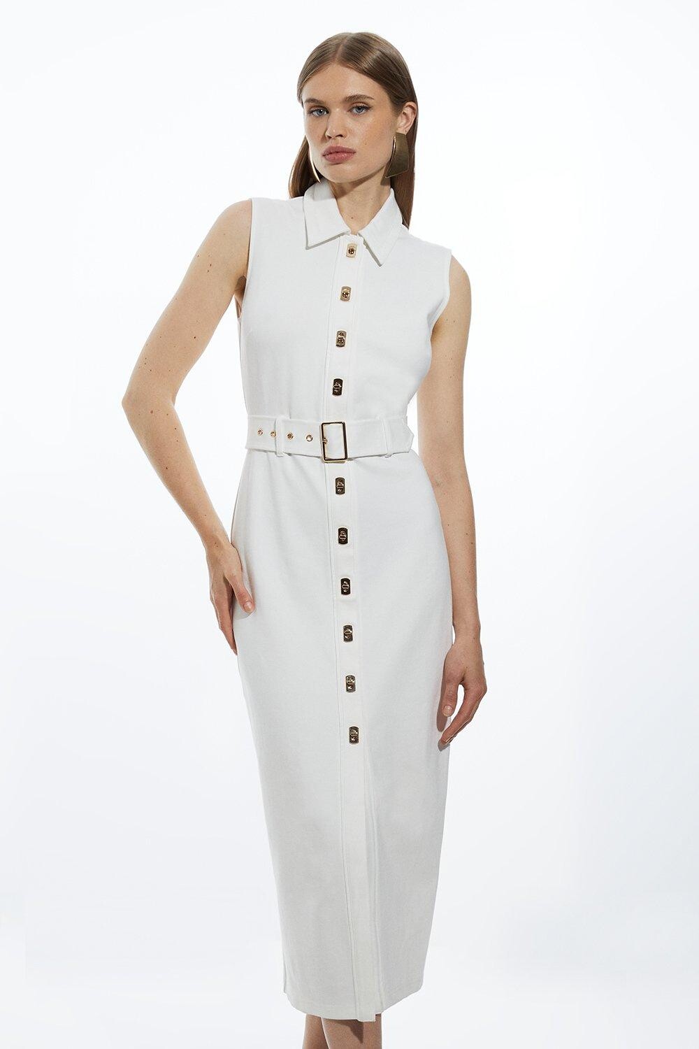 

Платье миди из джерси Ponte с деталями из искусственной кожи Karen Millen, белый