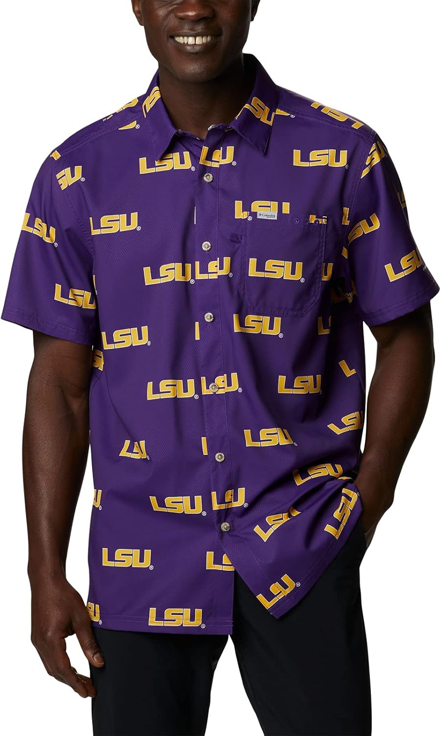 

Columbia Men's CLG Super Slack Tide рубашка, Lsu - Vivid Purple Logo Print