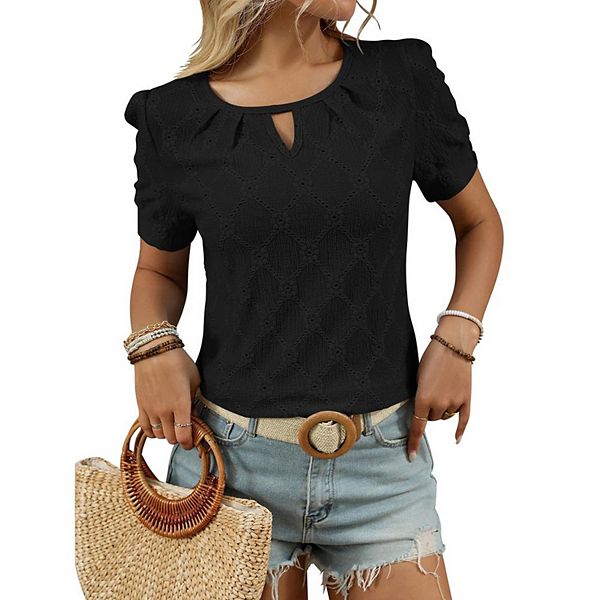 

Женский топ с коротким рукавом и кружевной вязкой Kojooin, Black
