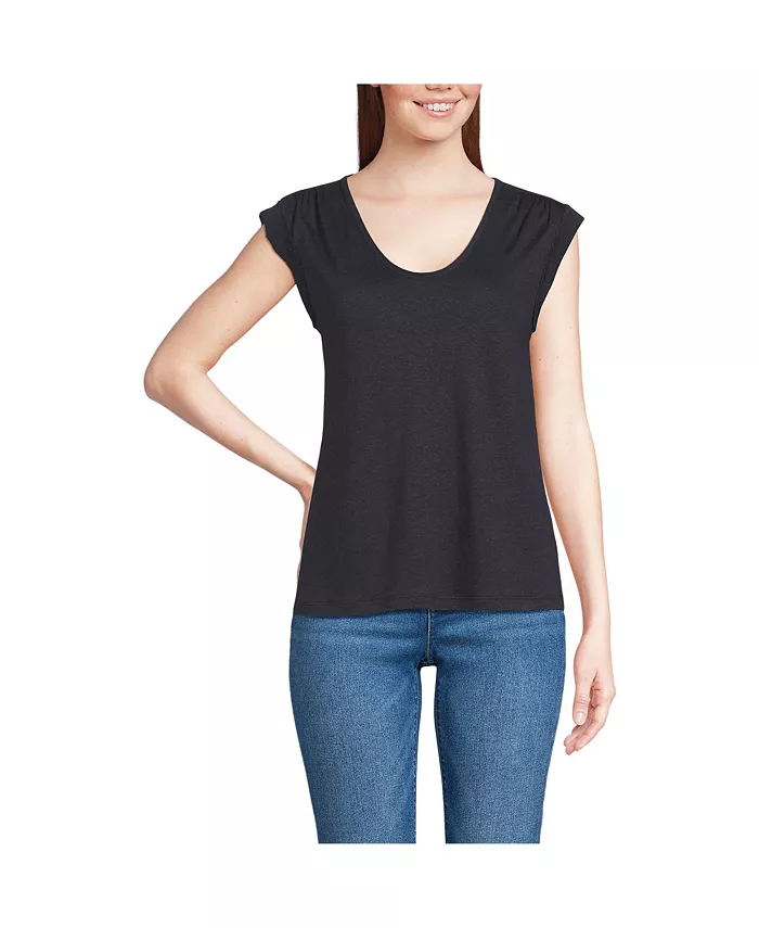 

Женская футболка из льняной смеси с короткими рукавами и сборками на плечах Lands' End, черный